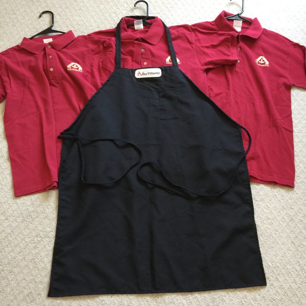 Vintage Albertsons Food Pyramid Grocery Employee Uniform Polo Shirts and Apron